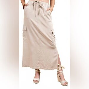 Women’s Khaki Cargo Midi Tea Length Tencel Slub Skirt  size Small